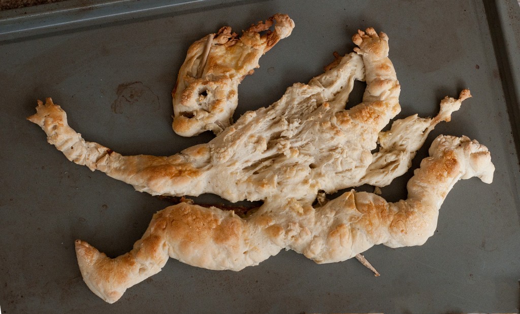 Bread figure of person running away from tsunami warning in Japan